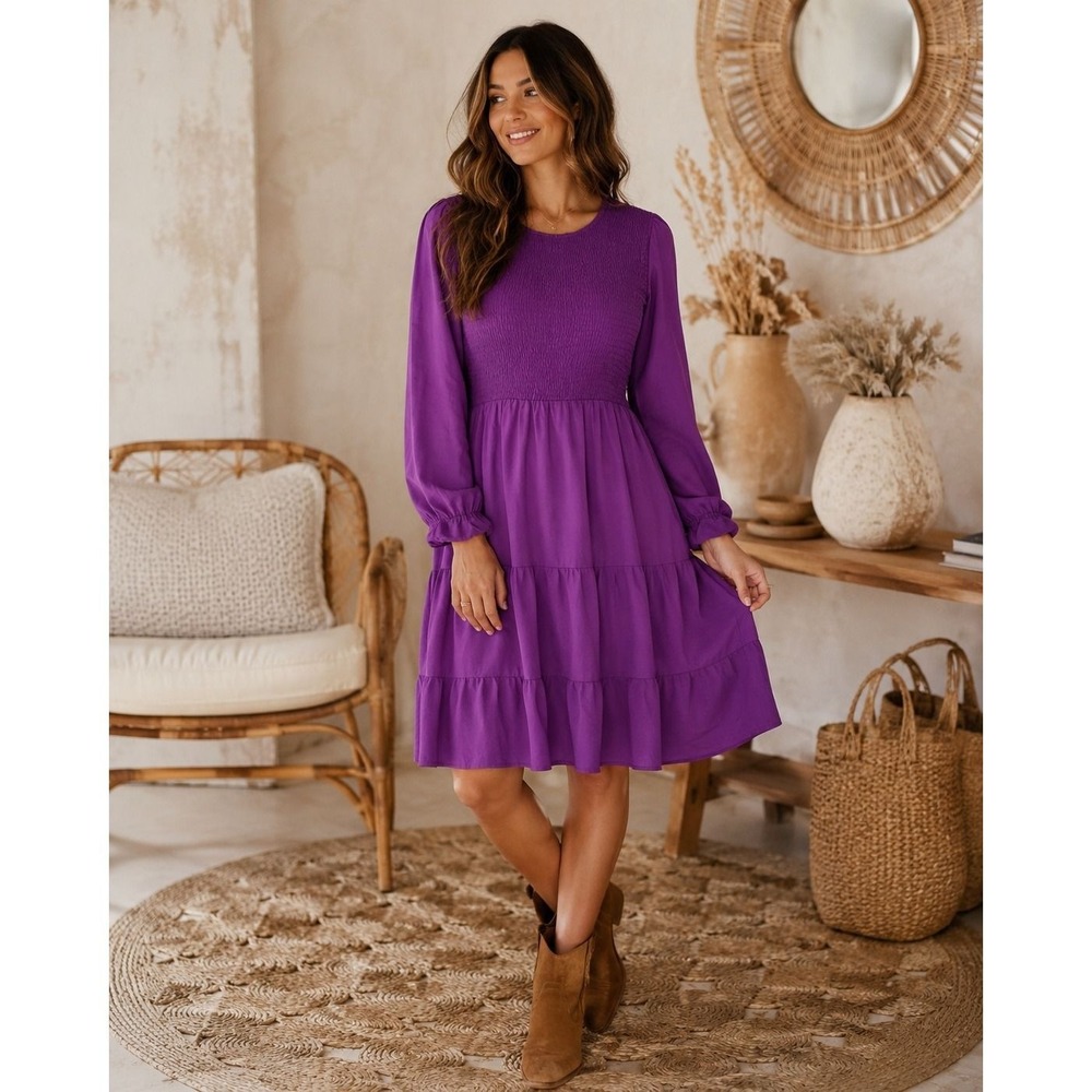 210. Size XL Maroon Smocked Tiered Midi Dress Long Sleeve Keyhole Back Boho